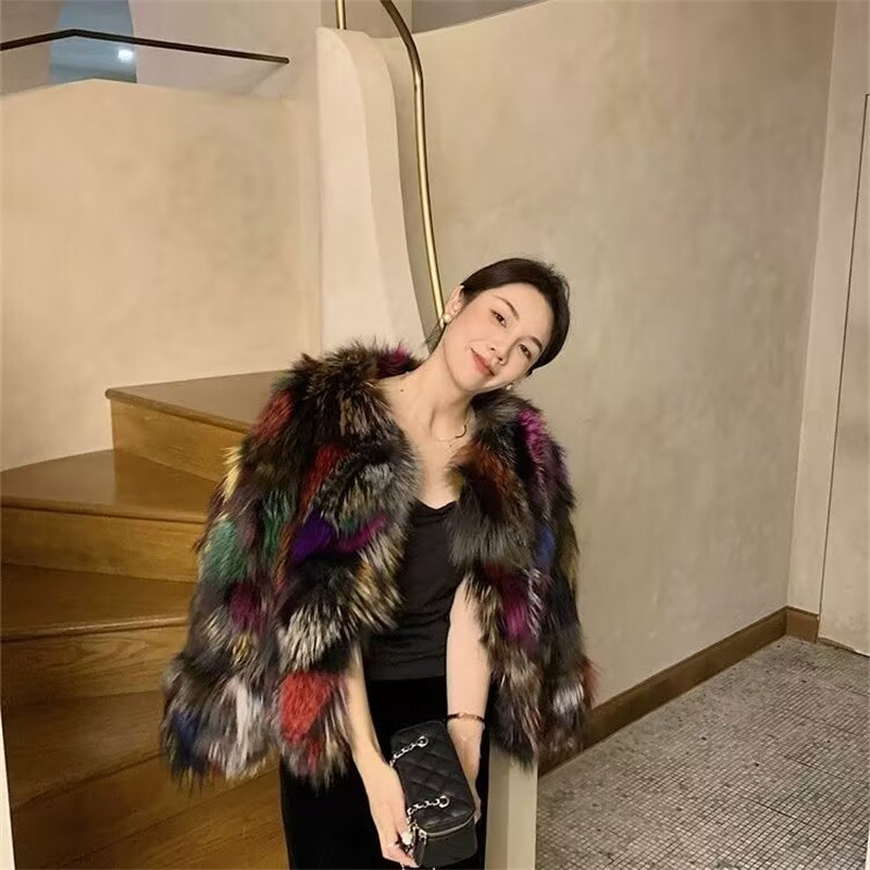 冬季新款时尚七彩拼花色狐狸毛皮草外套女短款高端大气加厚毛毛衣