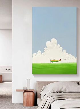 宫崎骏卡通动漫装饰壁画客厅抽象飞机喷绘油画玄关绿色治愈系挂画