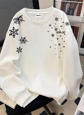 春秋冬加厚圆领宽松雪花卫衣男女