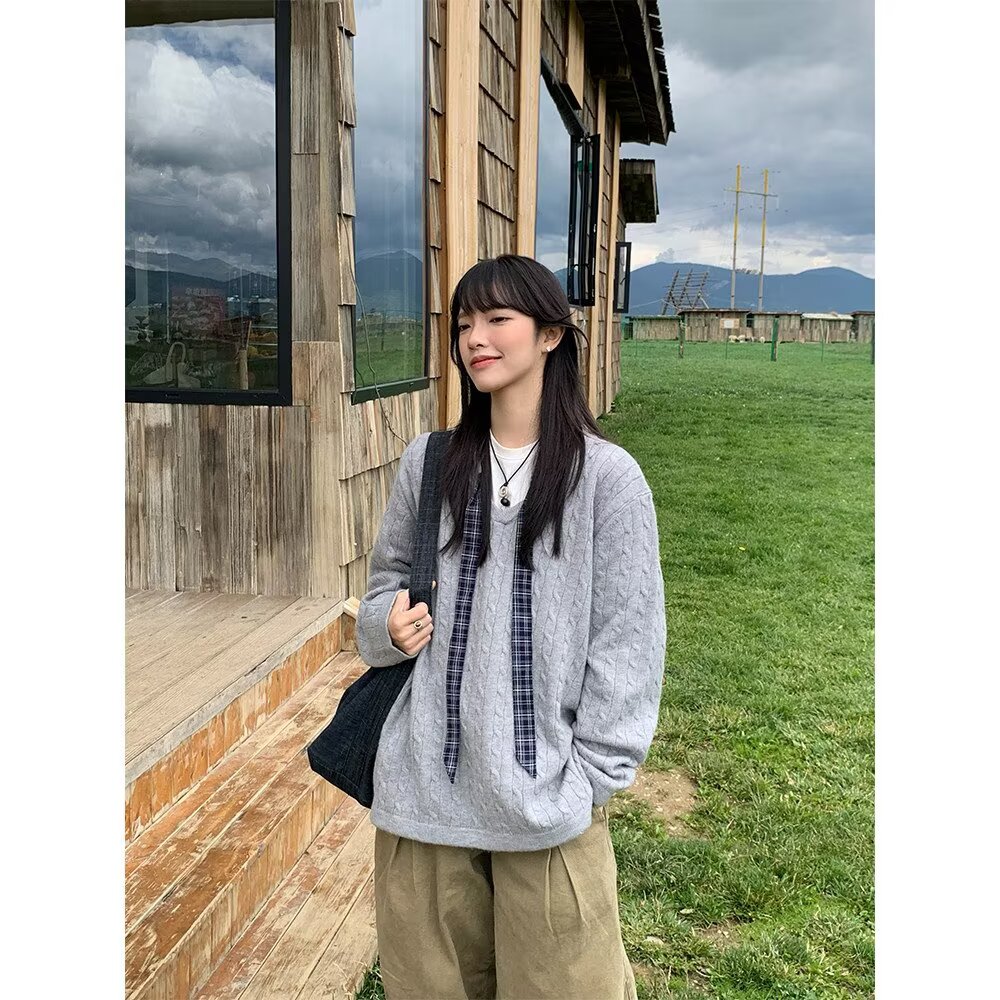 日系复古可拆卸领带麻花套头毛衣男女宽松百搭秋冬情侣上衣麻花纹
