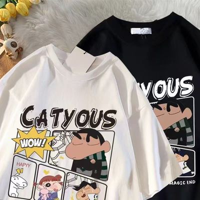 蜡笔小新印花短袖宽松爆款ins夏季半袖港风T恤五分帅气学生上衣潮