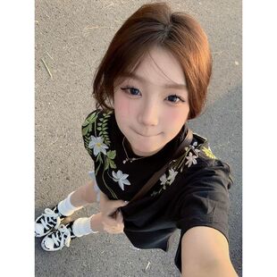 韩版美式印花落肩五分袖短袖t恤女夏季宽松慵懒风小众情侣上衣服