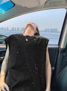 新款美式满天星背心男款夏季纯黑色无袖坎肩休闲百搭T恤小众上衣
