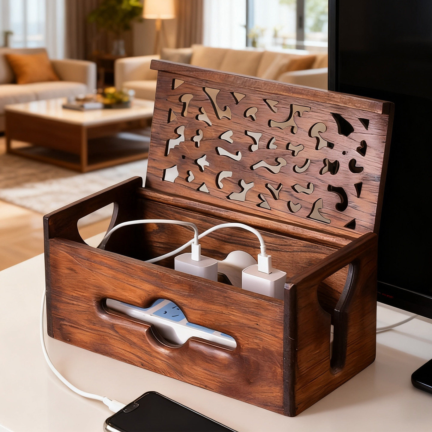 泰国进口实木集线盒电源线整理盒客厅插线板插排插座收纳盒集线器