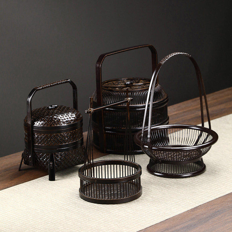 竹编制篮子手提复古大漆双层食盒送餐盒茶道具收纳筐水果茶点托盘,特色手工艺,竹编/竹雕,淘宝优惠券,粉丝福利购,淘宝优惠卷