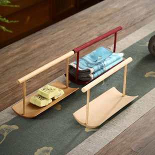 竹制毛巾架座小提篮零食碟子 两用茶点盘茶巾托 收纳功夫茶具配件