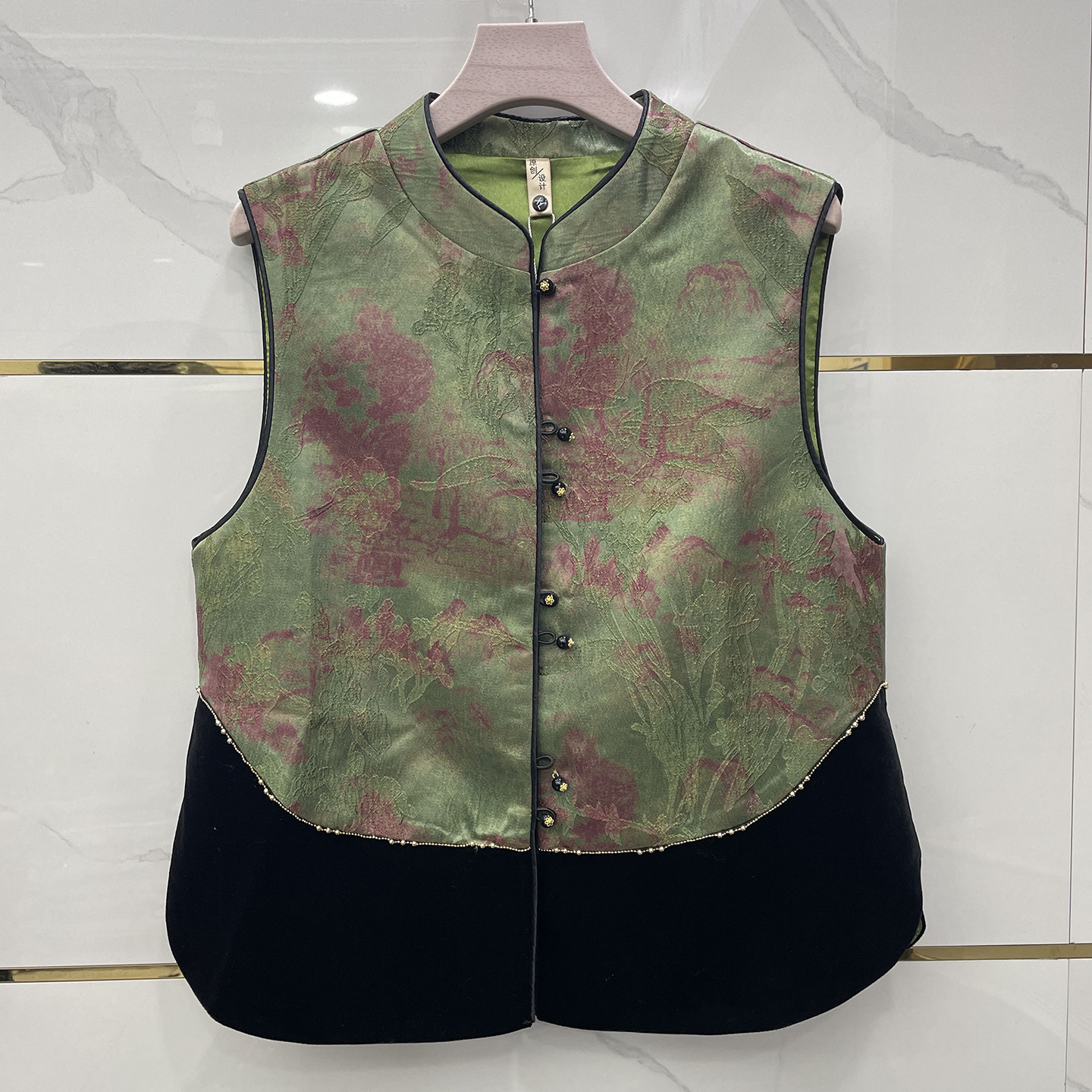 新中式立领印花拼色丝绒马甲女短款春款时尚百搭国风坎肩无袖外套,女装/女士精品,马夹,淘宝优惠券,粉丝福利购,淘宝优惠卷