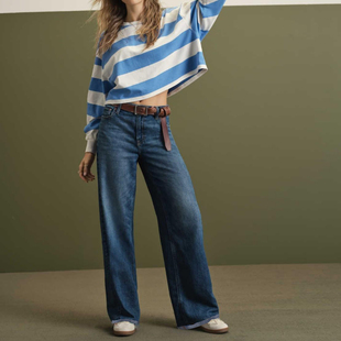 鹰翻边155 分长短 175蓝色毛边美单弹力大直筒阔腿拖地高腰牛仔裤