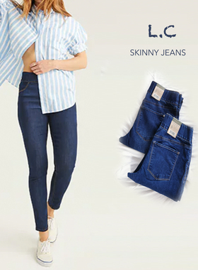 1111五折外贸美单高弹力高腰松紧腰蓝色水洗铅笔修身小脚牛仔裤