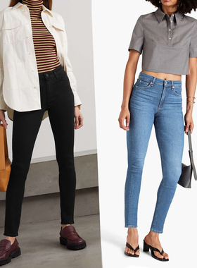 2件9折美单no家双色小脚铅笔显瘦修身小脚中腰蓝色黑色新款牛仔裤