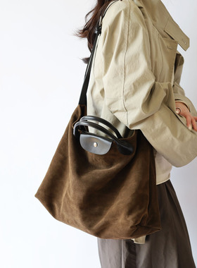 仟佰格麂皮手提包通勤多功能斜挎单肩包大容量百搭磨砂牛皮托特包