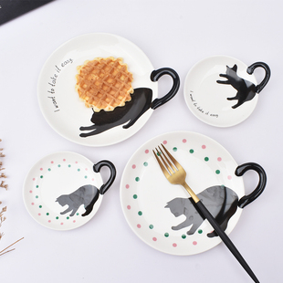 可爱陶瓷猫咪造型带手柄平盘点心盘甜品盘儿童水果盘家用西餐盘子