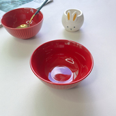 红色喜庆家用陶瓷简约4.5英寸米饭碗个人小汤碗釉下彩安全条纹碗