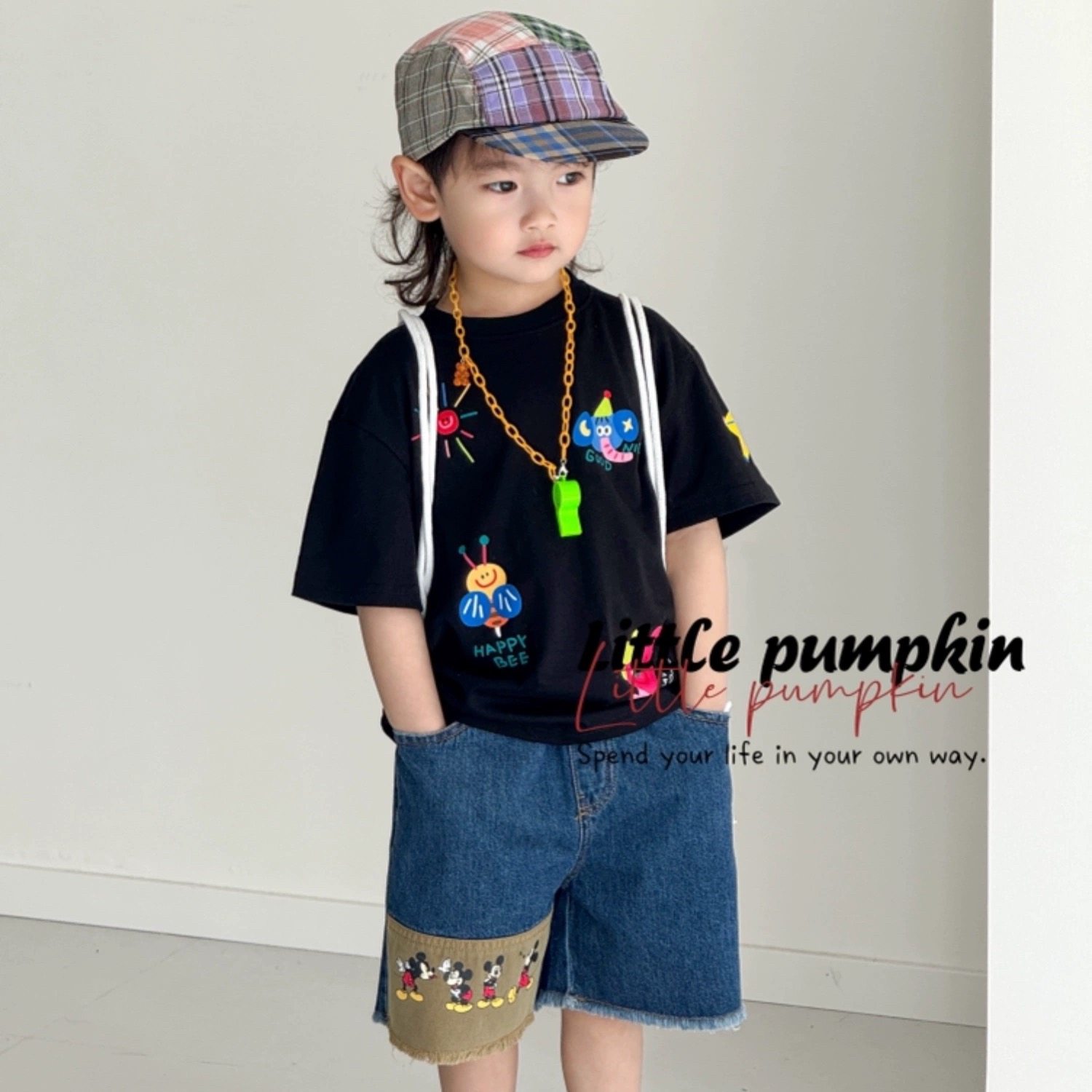 小南瓜KIDS韩版童装2024夏季男童中小童卡通短袖T恤拼接牛仔短裤,童装/婴儿装/亲子装,T恤,淘宝优惠券,粉丝福利购,淘宝优惠卷