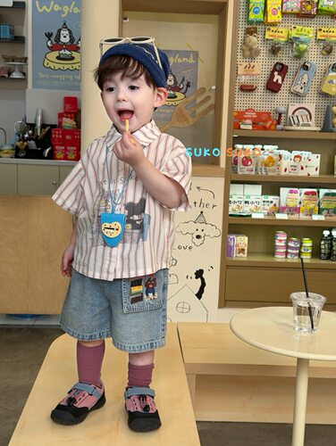 小南瓜KIDS韩国童装2026夏季男童卡通条纹衬衫刺绣小熊牛仔短裤潮