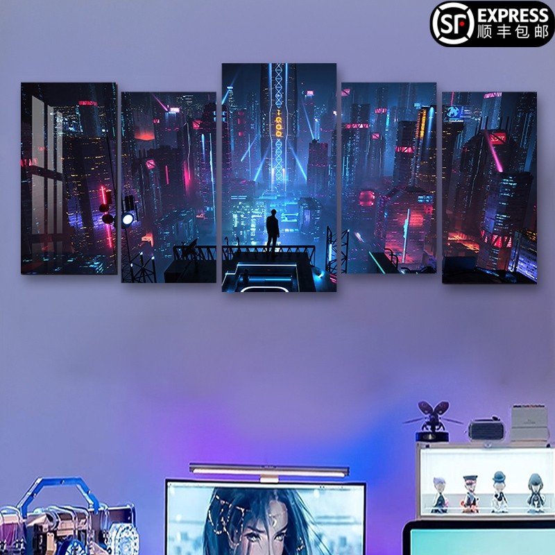 赛博朋克2077网吧网咖酒吧背景墙壁画卧室装饰画电竞房间酒店挂画