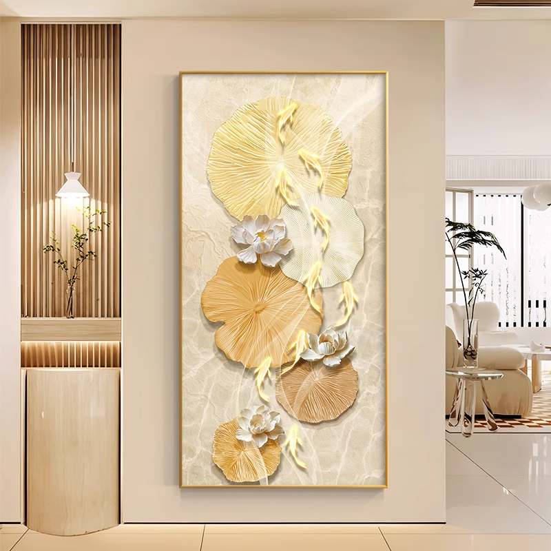 轻奢九鱼图荷花立体玄关装饰画现代高级入户玄关壁画走廊过道挂画图片