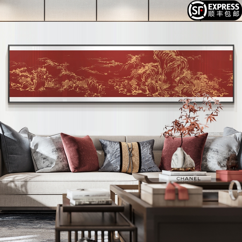 新中式客厅千里山水楼阁装饰画酒店包厢浮雕立体别墅餐厅挂画民宿图片