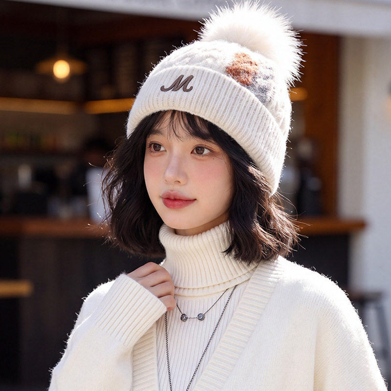 秋冬季帽子女款加绒可爱毛球