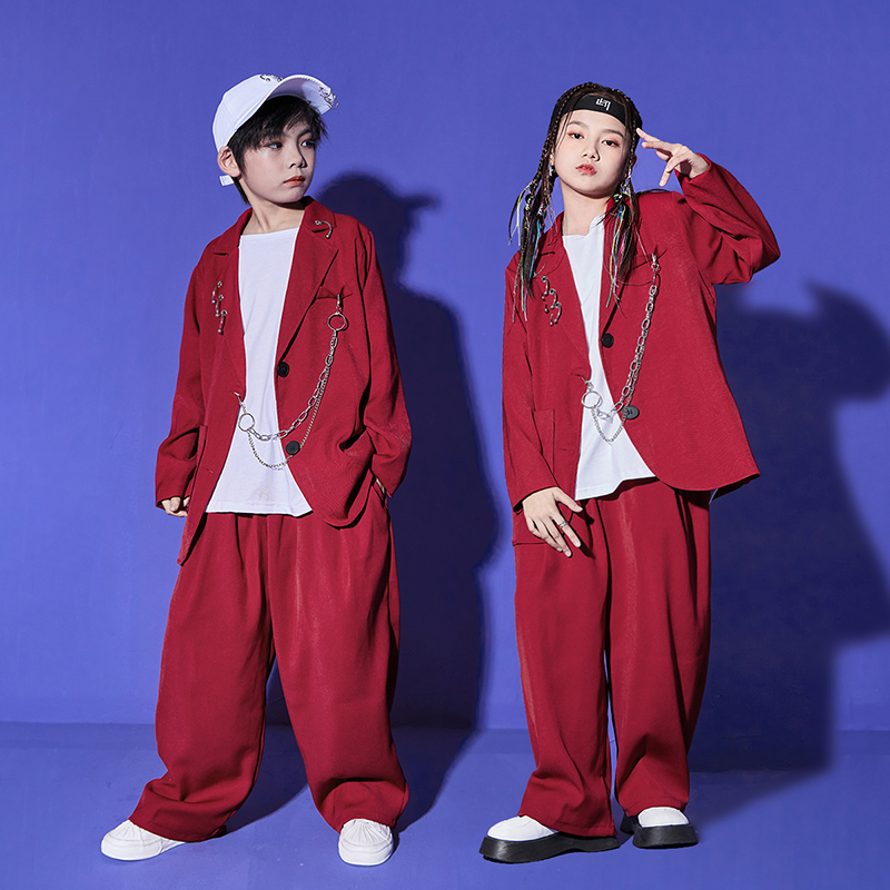 儿童街舞红色西装套装嘻哈比赛表演服男女童少儿hiphop旦演出服装