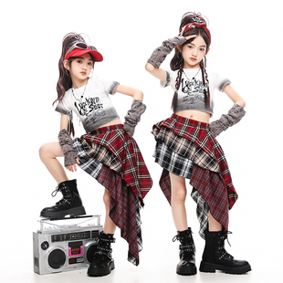 女童爵士舞团体演出服女孩格子长尾裙T台走秀套装 jazz街舞表演服