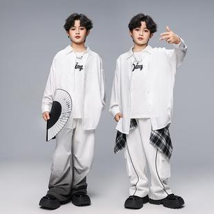張翰同款 少兒嘻哈女孩hiphop演出服裝 男童白色襯衣街舞練功服套裝
