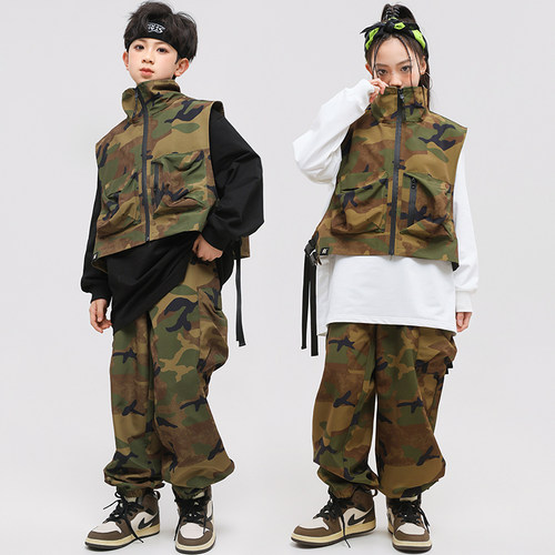 潮酷儿童嘻哈迷彩马甲套装男女童街舞少儿hiphop架子鼓表演出服