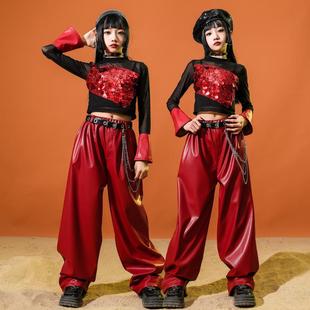 中国娃娃爵士舞女童新年红露脐套装时髦炸街走秀元旦街舞演出服潮