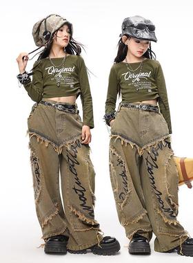 秋季爵士舞女童潮酷时髦军绿色JAZZ练功服套装儿童嘻哈街舞演出服