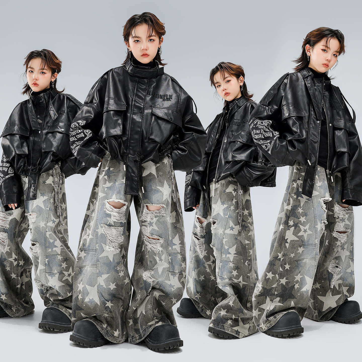 机车风男童hiphop潮酷皮衣表演服