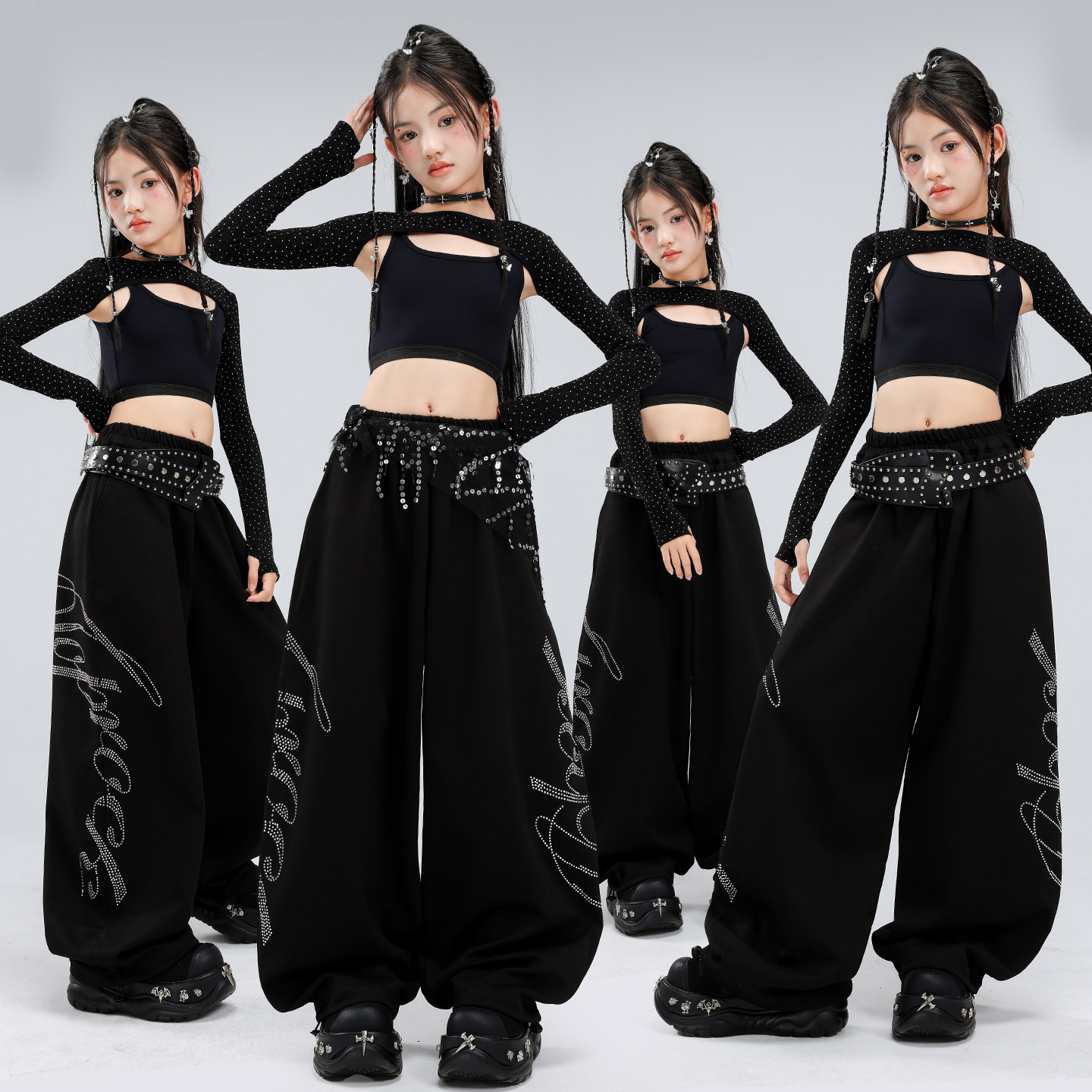 女童爵士舞黑色烫钻套装街舞服图片