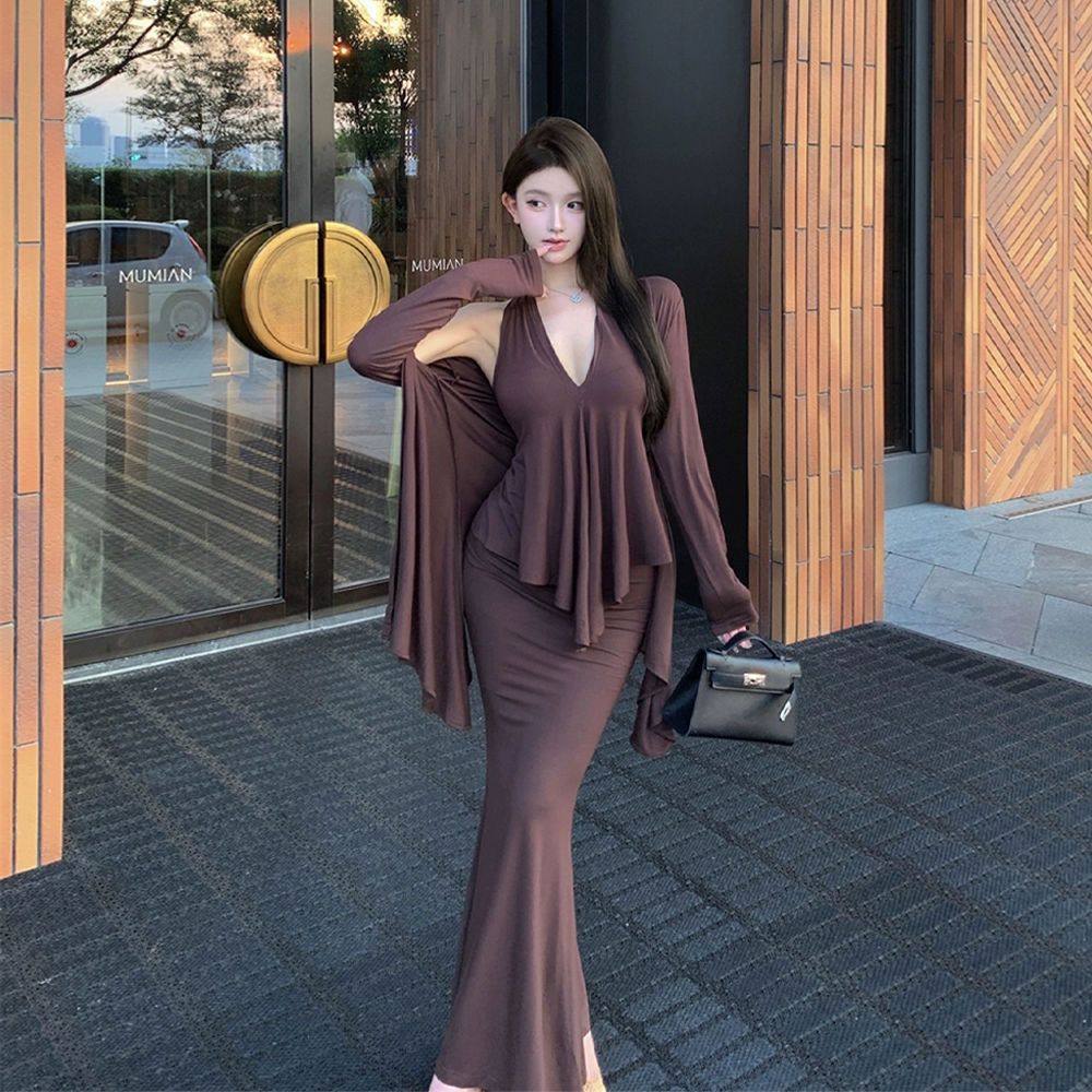 胖mm炸街遮肚三件套大码不规则长袖开衫外套上衣挂脖背心女春季套