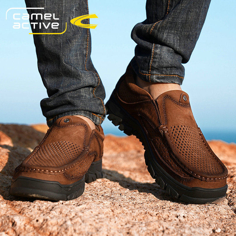 德国骆驼动感一脚蹬男鞋夏季透气冲孔皮鞋男真皮凉鞋男户外休闲鞋