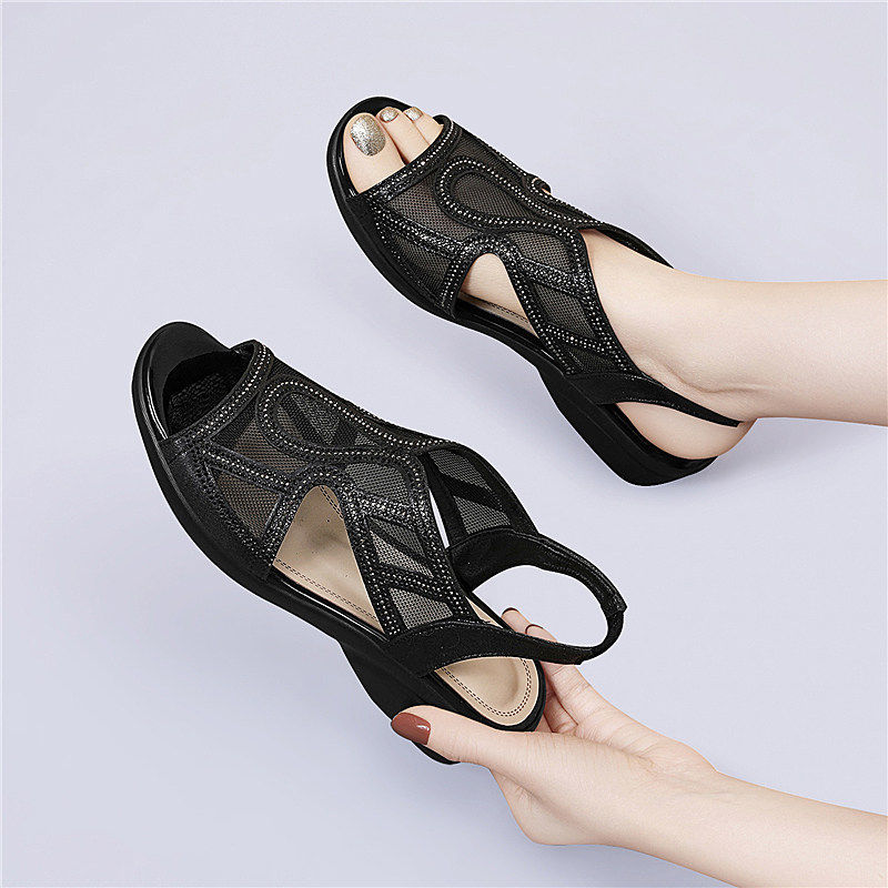 黑色镂空网面露趾凉鞋女2026新款夏季厚底舒适不累脚休闲高跟鞋子