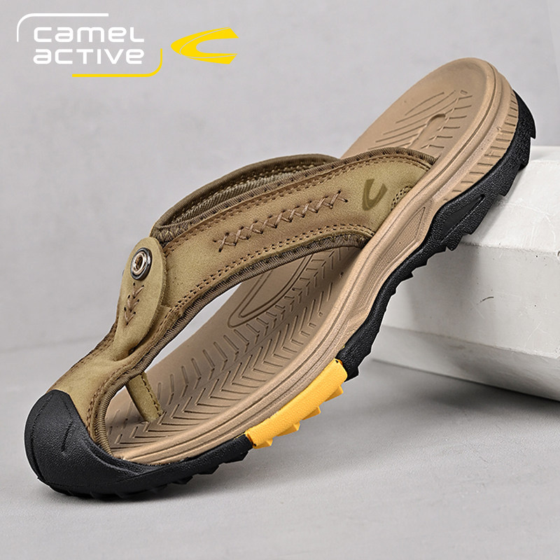 德国骆驼动感夏季凉鞋男士外穿人字拖男防滑真皮包头凉拖鞋个性潮