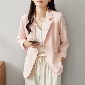垂感粉色西装外套女工作服职业气质小个子休闲西服秋装2023年新款