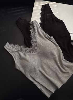 蕾丝双面V领显瘦吊带保暖背心女带胸垫一体修身外穿内搭打底上衣