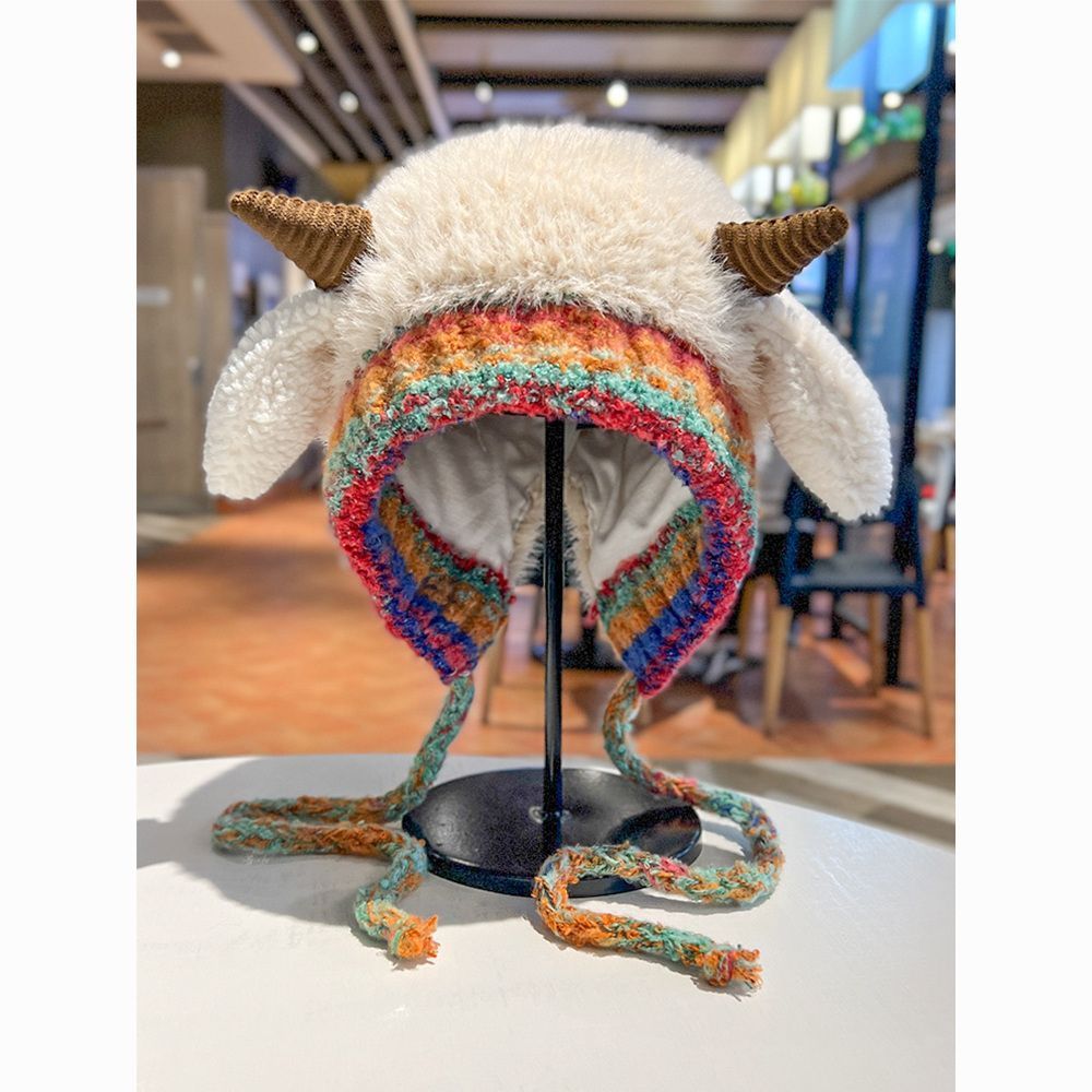 韩版可爱小羊毛绒帽子女秋冬季保暖绑带针织护耳帽百搭套