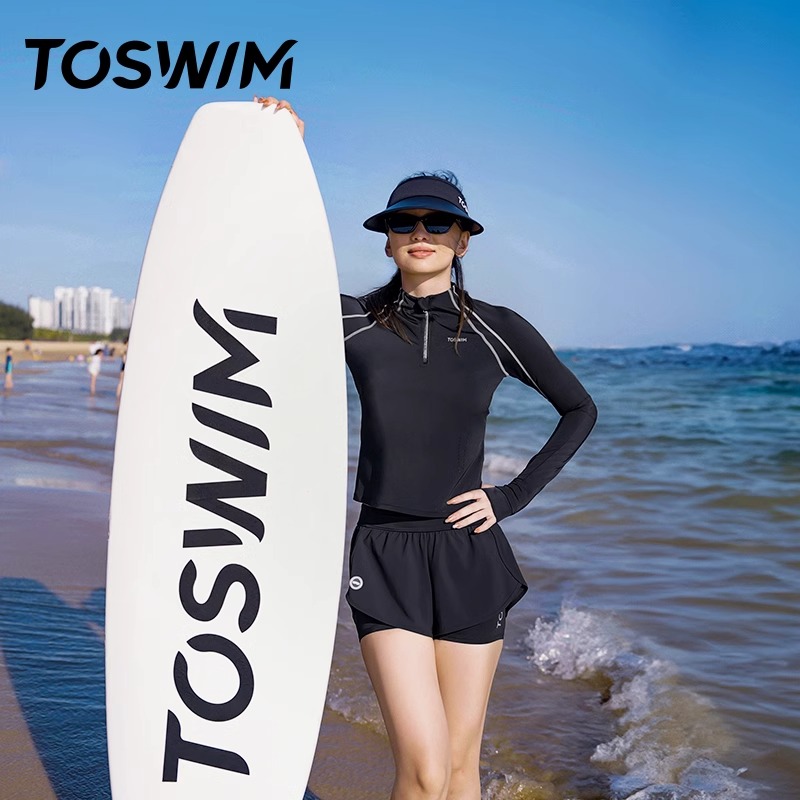 TOSWIM分体式泳衣女长袖防晒保守泡温泉游泳衣显瘦海边度假泳装