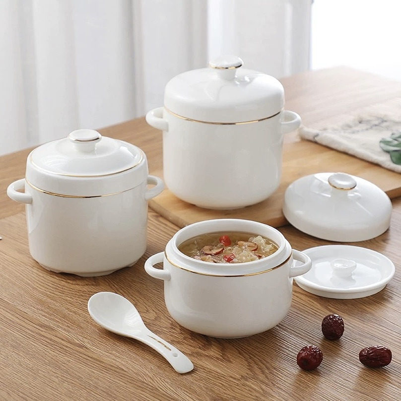 陶瓷隔水双盖炖盅带盖双耳家用炖盅燕窝炖碗金边酒店炖汤盅蒸蛋盅