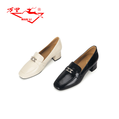 万里新款真皮休闲女鞋百搭粗跟通勤工作鞋舒适一脚蹬单鞋BWT2330