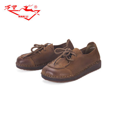 万里新款真皮鞋百搭系带女鞋舒适圆头休闲鞋复古单鞋BYT2243