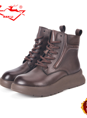 万里新款女真皮短靴舒适平底侧拉链加绒保暖棉靴厚底鞋HRT699