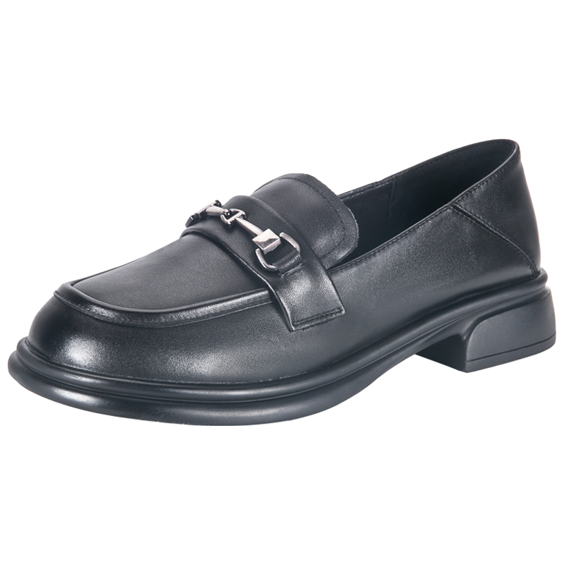 万里新款英伦风乐福鞋简约舒适真皮休闲一脚蹬粗跟单鞋HDT2150DS