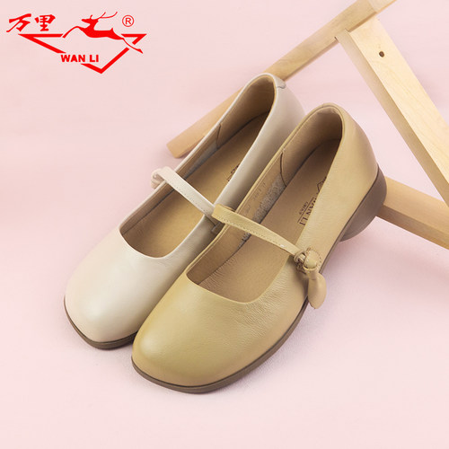 万里新款真皮女鞋时尚一字带休闲鞋百搭宽头低跟单鞋SDT2807