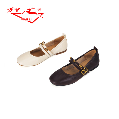 万里新款时尚双排扣带单鞋圆头浅口休闲鞋百搭低跟女鞋BMT2310