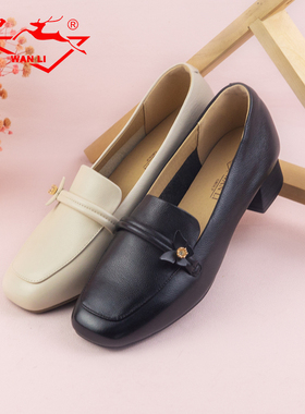 万里新款复古真皮单鞋女舒适一脚蹬粗跟鞋方头通勤低帮鞋SDT2811