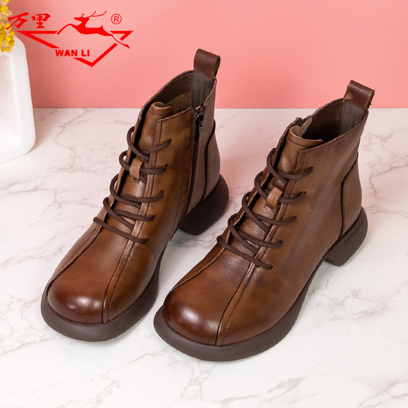 万里新款时尚马丁靴真皮百搭系带粗跟短靴休闲高帮女鞋KRT6723