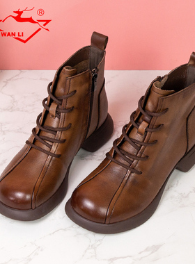 万里新款时尚马丁靴真皮百搭系带粗跟短靴休闲高帮女鞋KRT6723