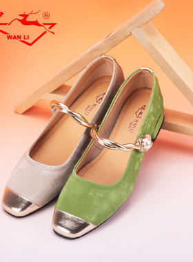 万里新款女士单鞋时尚魔术贴玛丽珍鞋真皮复古鞋HHT2143